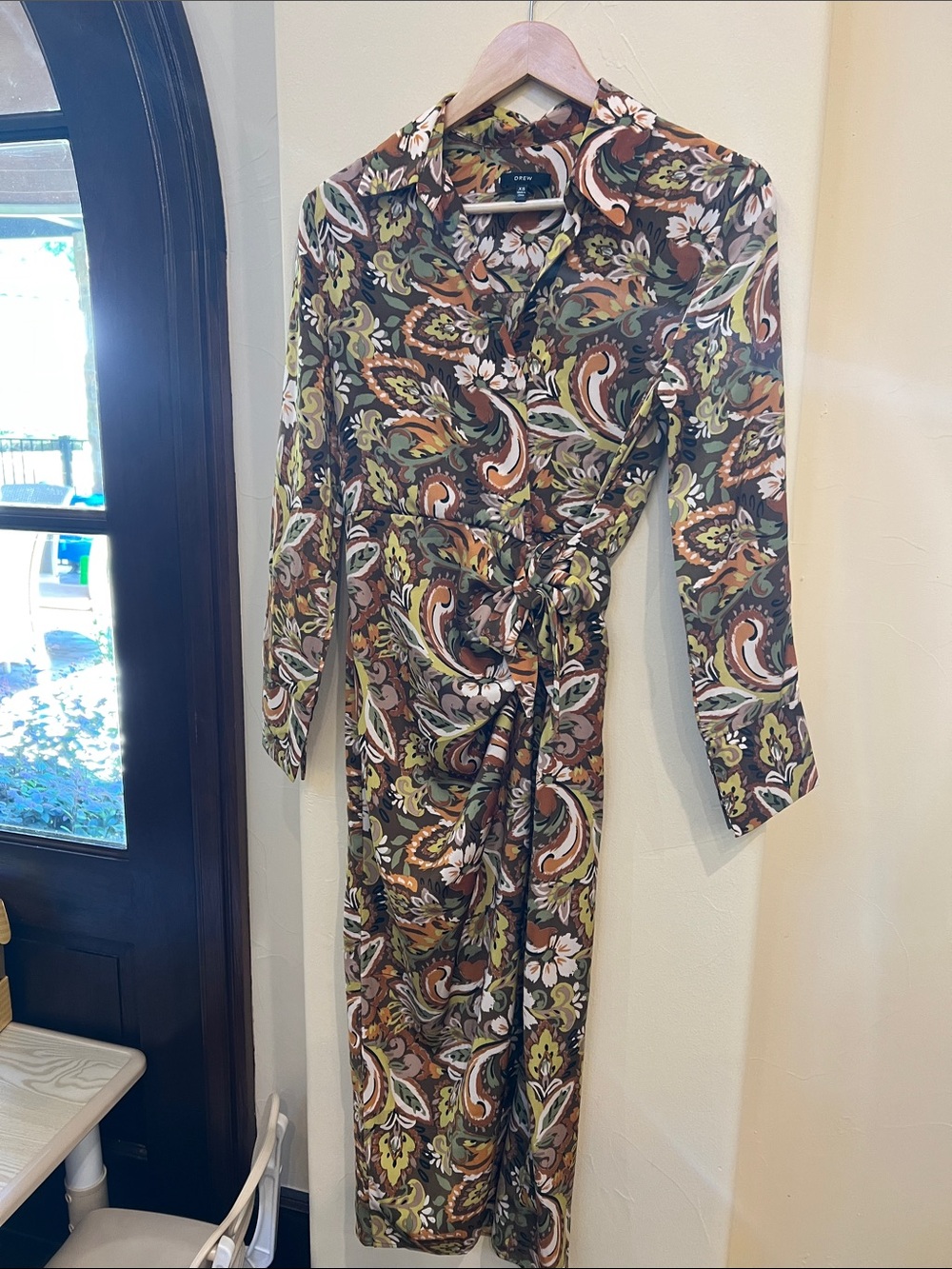 Drew Paisley Wrap Shirt Dress in Olive and Brown